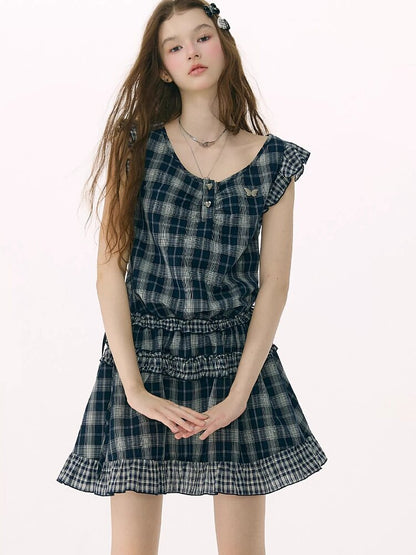 Spliced Plaid Flying Sleeve Dress【s0000016844】