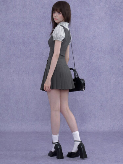 Fake Herringbone Puff Sleeve Top【s0000016644】