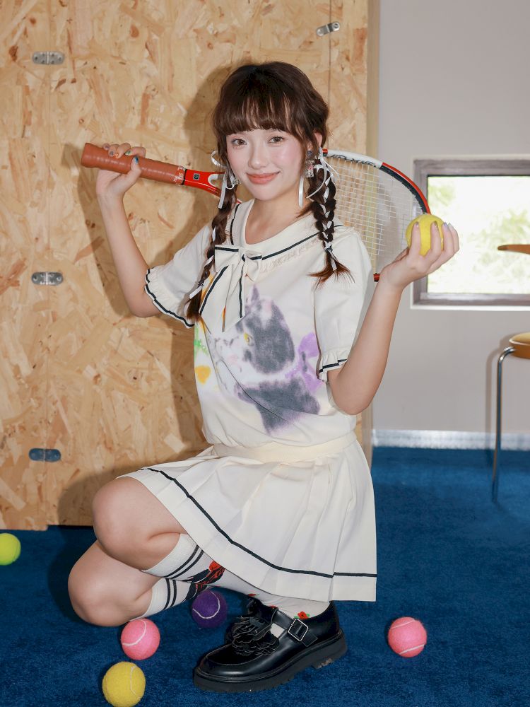 Kitten Printed Navy Neck Short Sleeve Half Dress【s0000013339】