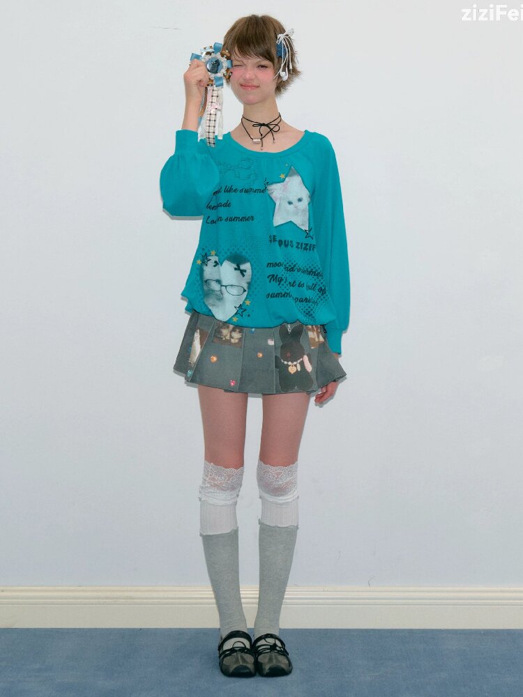 Lantern Sleeve Cat Print T-Shirt【s0000017877】