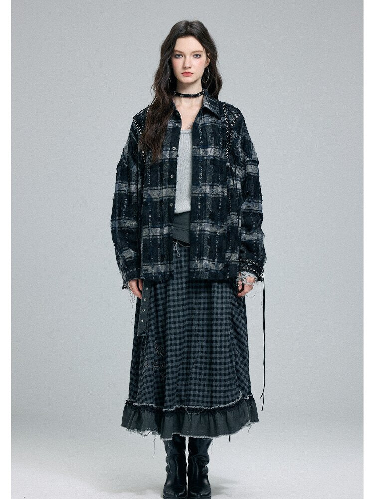 Plaid Strap Torn Long-Sleeved Shirt【s0000016258】