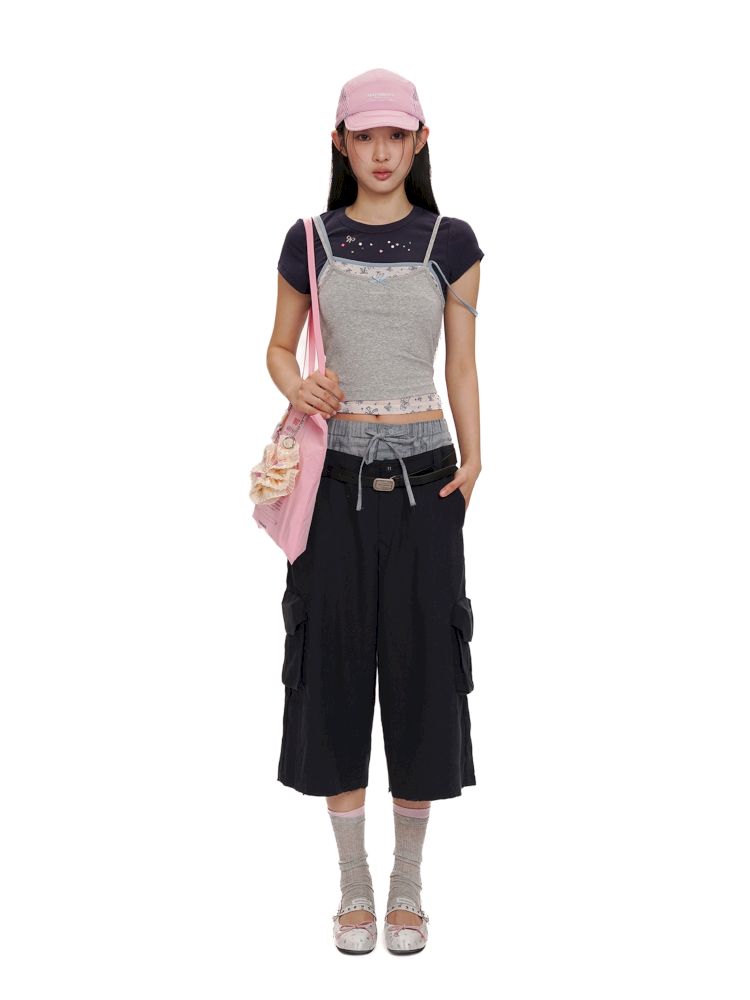 Lace satin bow short-sleeved T-shirt【s0000012504】