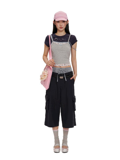 Lace satin bow short-sleeved T-shirt【s0000012504】