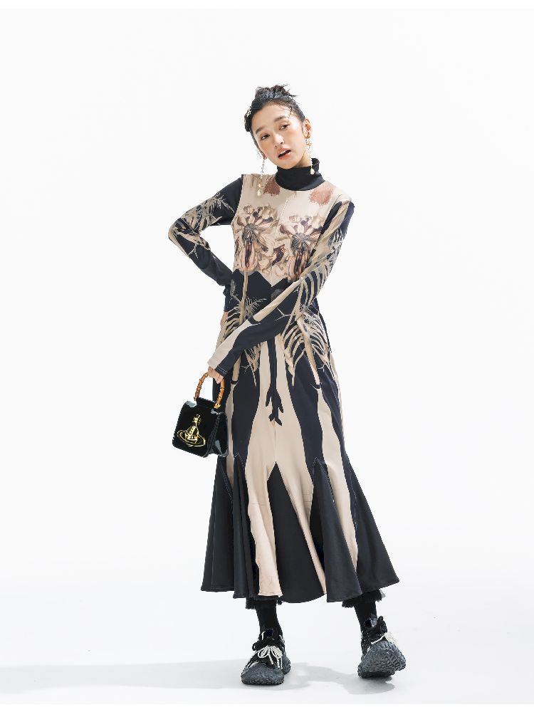 Printed Long Big Hem Dress【s0000011314】