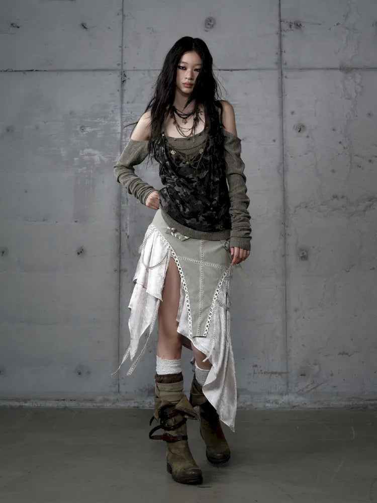 Asymmetric Leather-Satin Skirt【s0000013944】