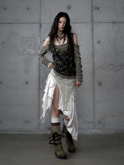 Asymmetric Leather-Satin Skirt【s0000013944】