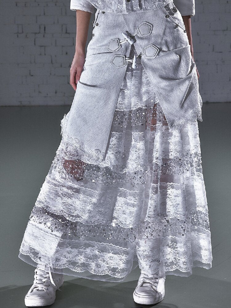 Stitched Lace Denim Maxi Skirt【s0000015940】