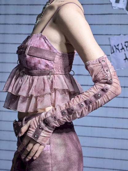 Mesh Nail Rhinestone Pleated Long Sleeve Sleeves【s0000014021】