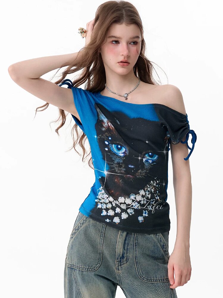 Vintage Cat Print Crossbody Short T【s0000017673】