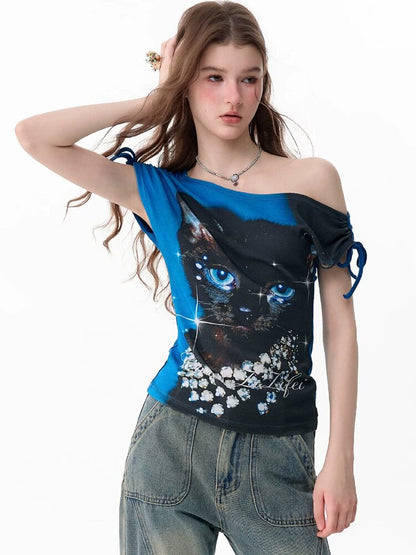 Vintage Cat Print Crossbody Short T【s0000017673】
