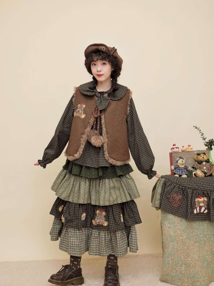 Vintage Girl Wool Plush Chef Bear Vest【s0000014845】