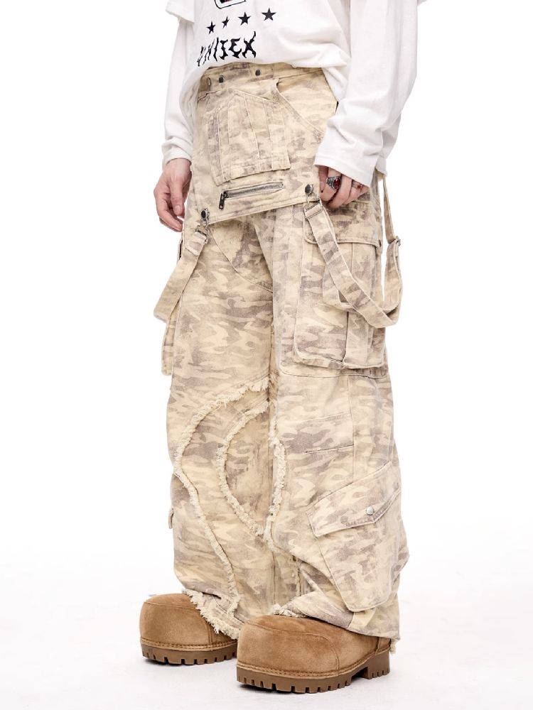 Multi-Pocket Raw Edge Workwear Bib Pants【s0000011367】