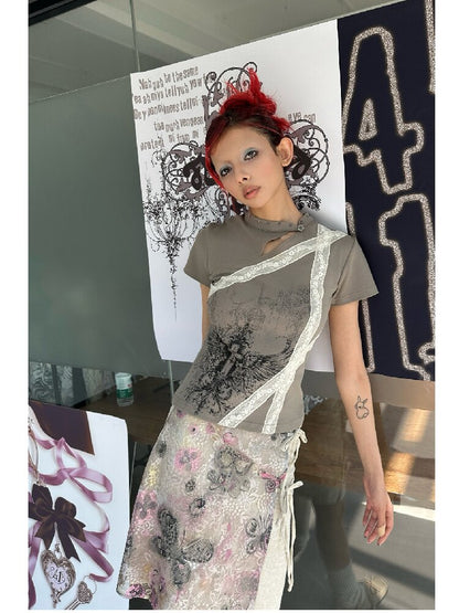 Cross Wing Print Cotton Cheongsam T-Shirt【s0000018064】
