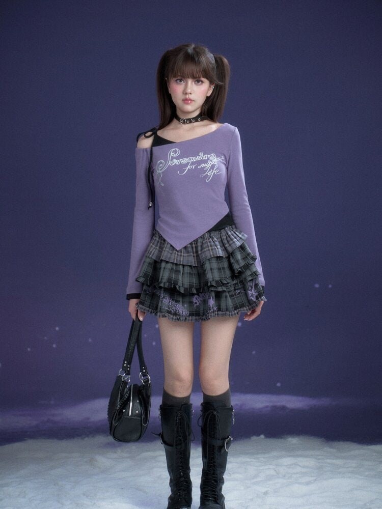 Black Purple Print Fake Two Tee【s0000015469】