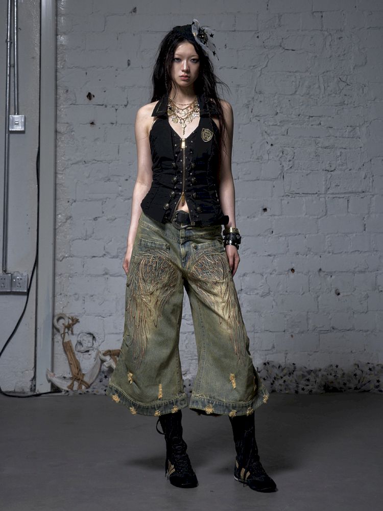 Wide-leg denim cropped pants【s0000012800】