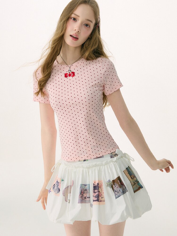 Polka Dot Bow Slim Short Sleeve T-Shirt【s0000016854】