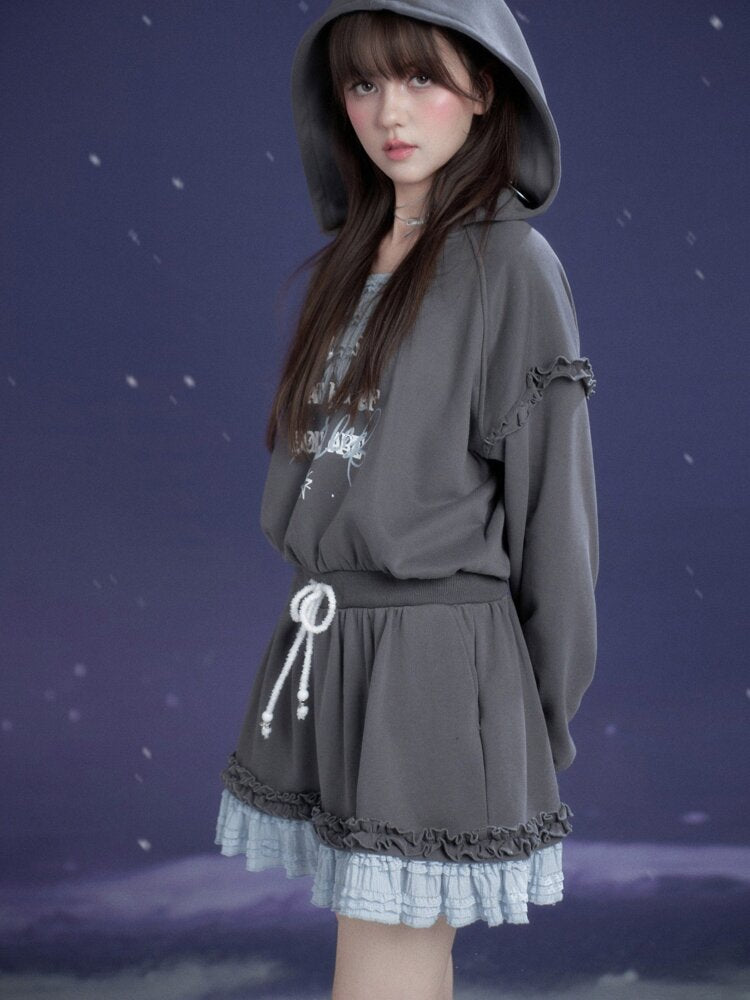 Gray Blue Print Lace Hoodie Dress【s0000015471】