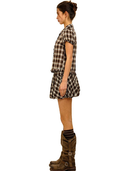Color Block Plaid Shirt Mini Skirt【s0000017906】