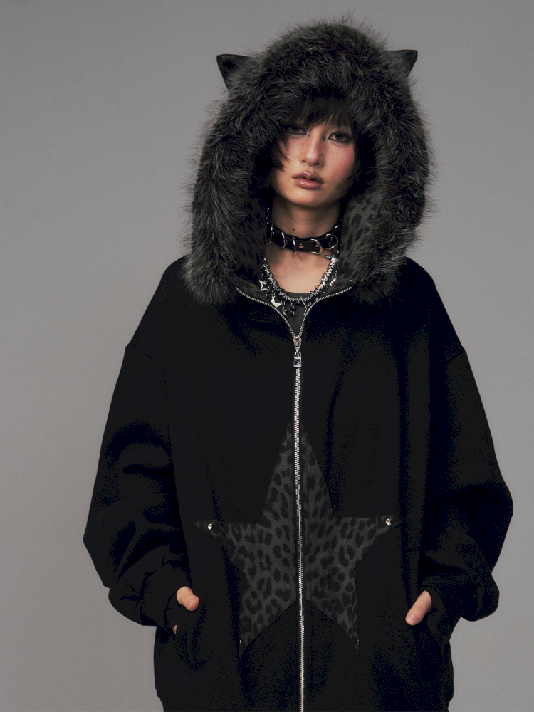Cat Ears Leopard Print Fleece Hooded Jacket【s0000014708】