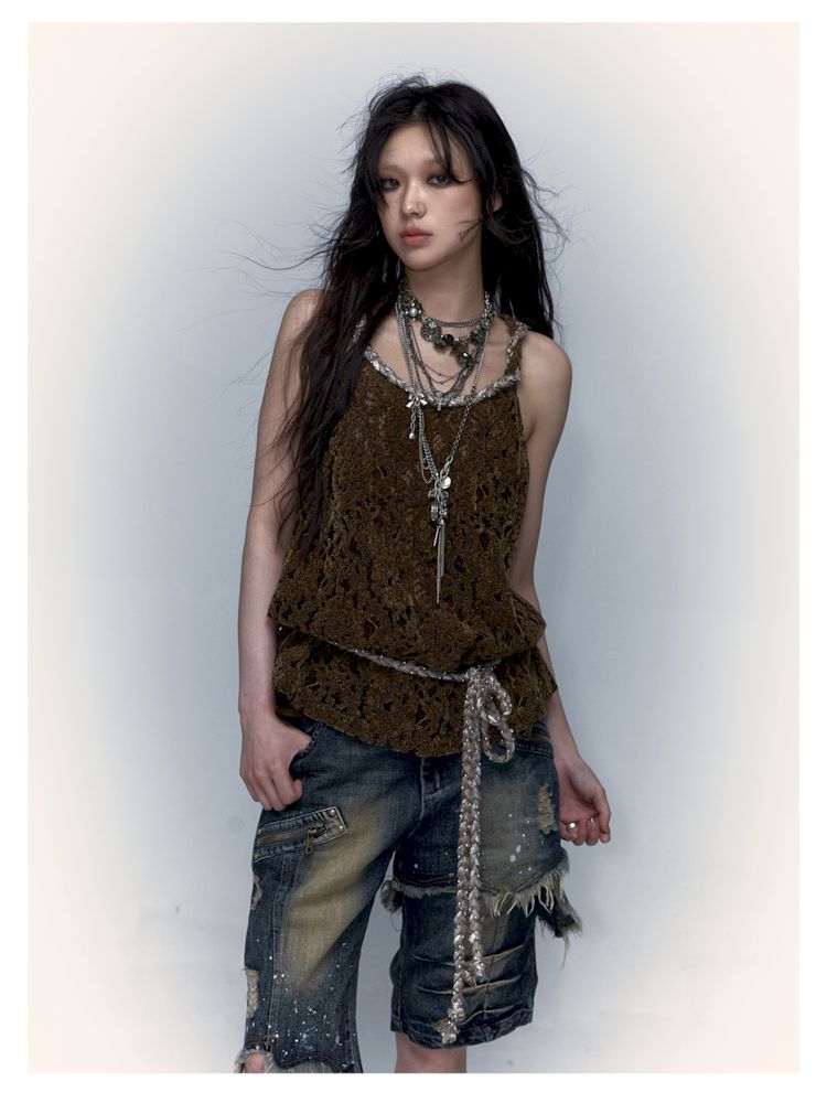 Slouchy Old Hollowed Out Loose Flocked Lace Vest [s0000008134]