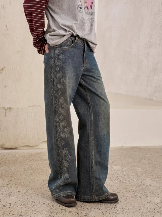 Vintage-Washed Relaxed Straight-Leg Jeans【s0000014043】