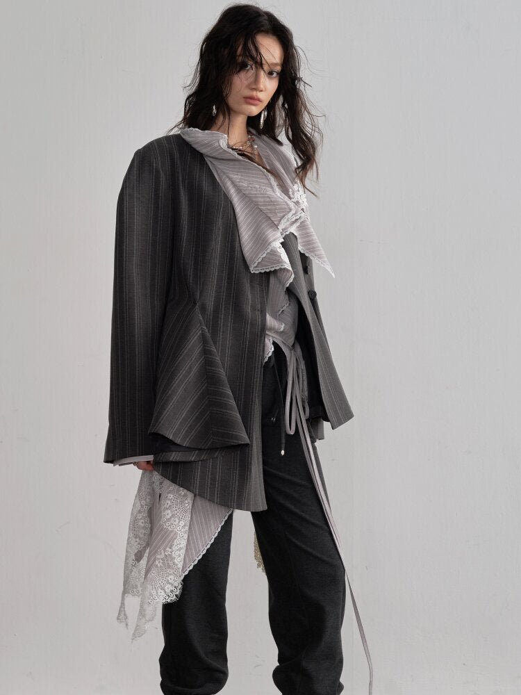 Lace Applique Ruffled Striped Shirt【s0000015700】