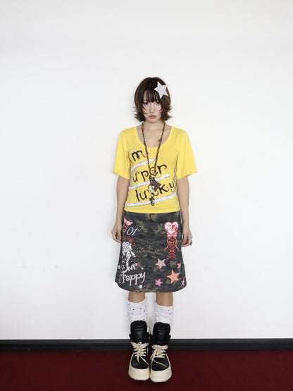 Lucky Slogan Lace Print U-Neck Top【s0000018686】