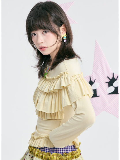 Yellow Pleated Off Shoulder Base T-Shirt【s0000018371】