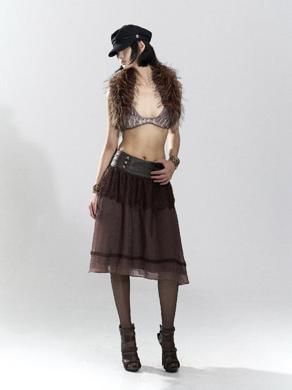 Vintage PU Leather Mesh Umbrella Skirt【s0000018474】