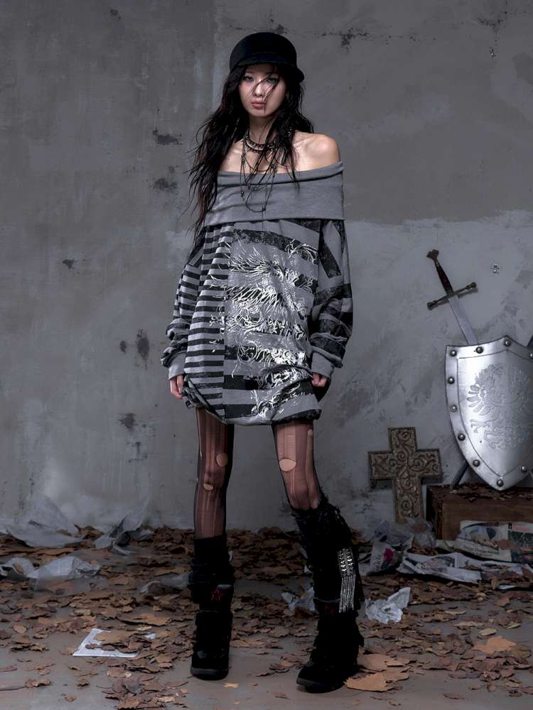 Striped Print Loose Bat Sleeve Dress【s0000014658】