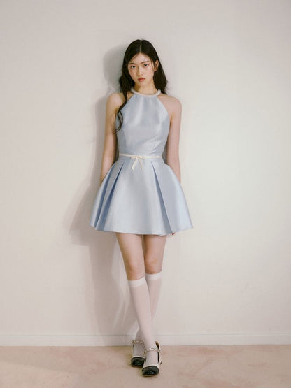 Satin Pearls Hanging Neck Dress【s0000013246】