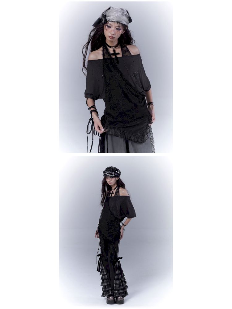 Lazy style rhinestone black T-shirt【s0000012844】