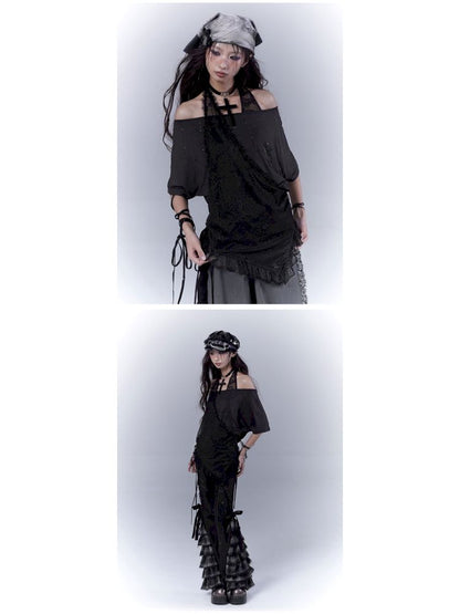 Lazy style rhinestone black T-shirt【s0000012844】