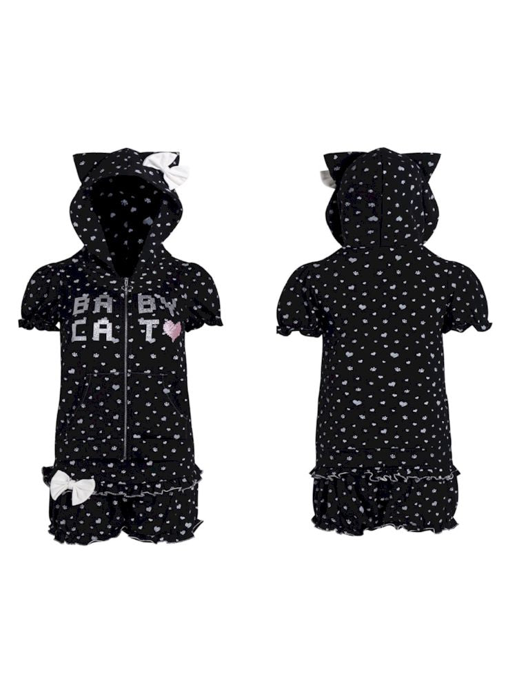 Bubble Sleeve Polka Dot Black White Purple Babycat Set【s0000009267】