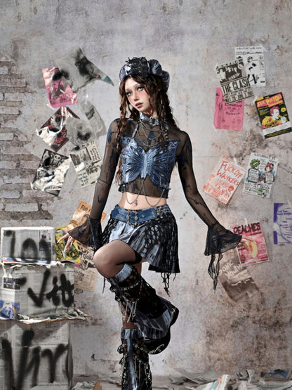 Butterfly Breast Plunge Mesh Bottom Shirt【s0000013506】