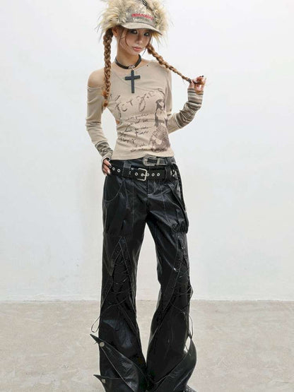 Strap Double Waist Leather Pants【s0000014834】