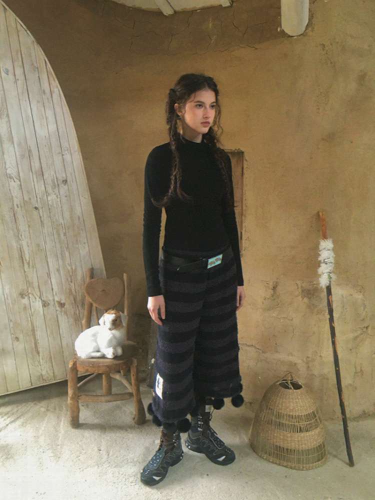 Striped Knit Furball Midi Slacks【s0000014900】