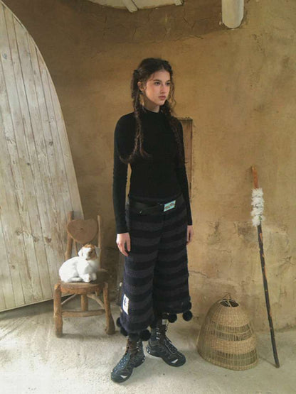 Striped Knit Furball Midi Slacks【s0000014900】