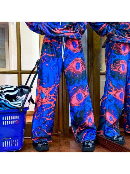 Blue Cell Plush Print Wide-Leg Pants【s0000014869】