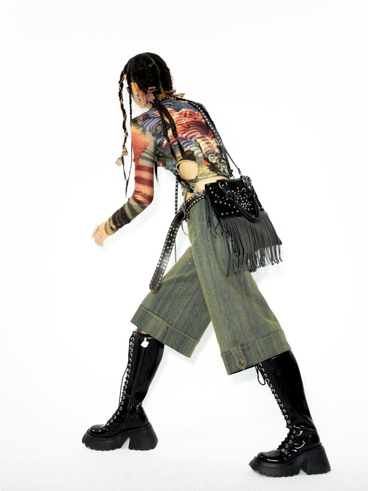 장식 된 렌더링 된 세척 데님 미디 바지 [S0000006271]