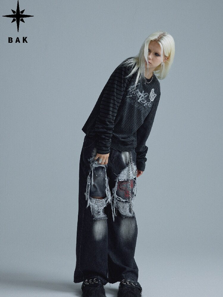 Black-Gray Striped Rivet Top【s0000018549】