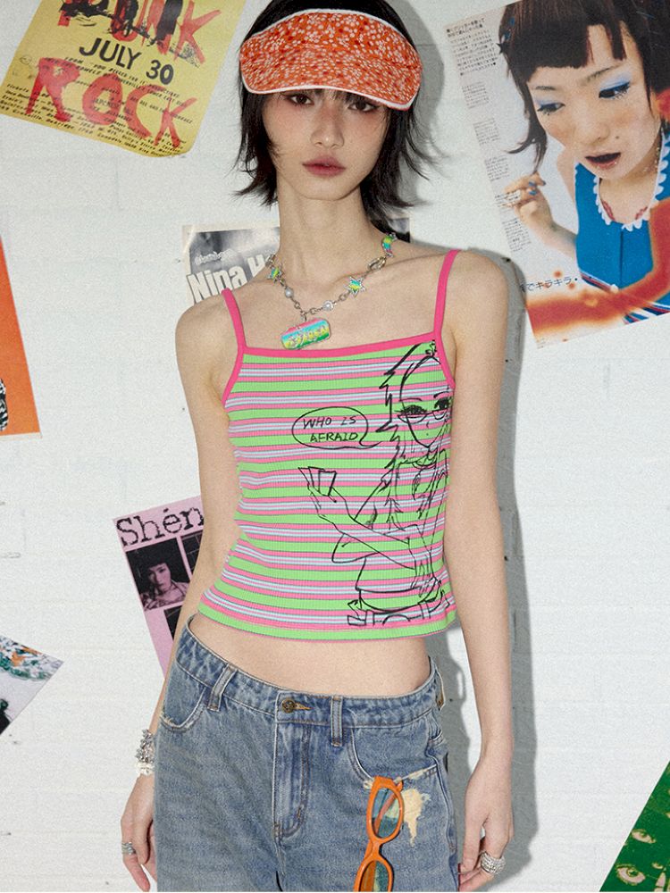 Card-playing girl striped tank top【s0000012959】