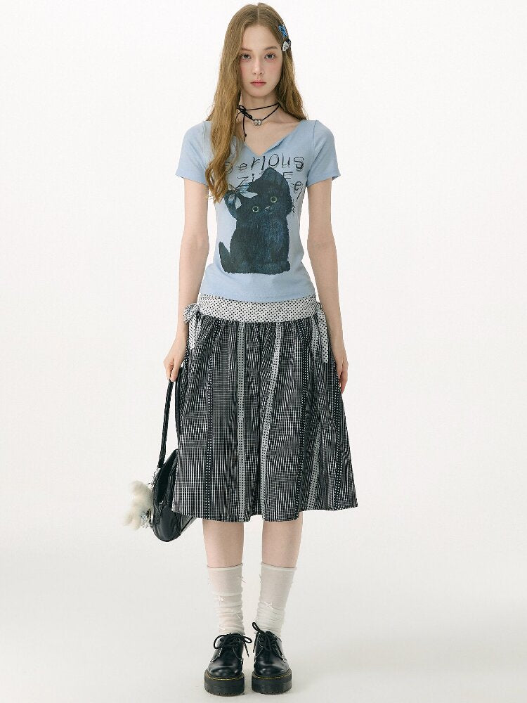 Vneck Cat Print Short Sleeve T Shirt【s0000017158】