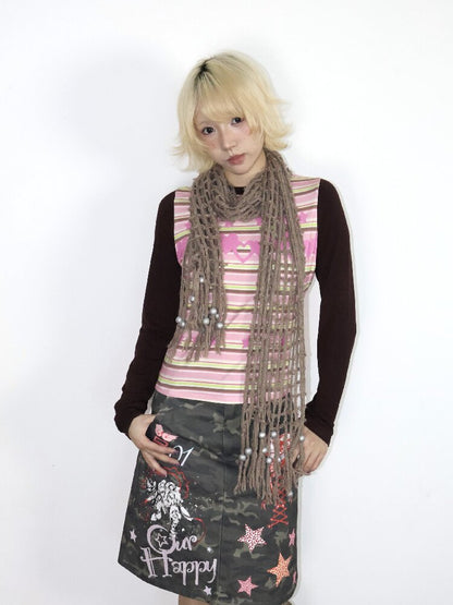 Old Asian Print Striped Elastic Top【s0000018672】
