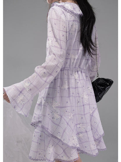 Purple Butterfly Print Ruffled Dress【s0000015739】