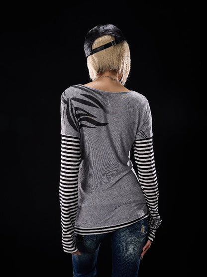 Printed Embroidered V-Neck Lace Shirt【s0000018513】
