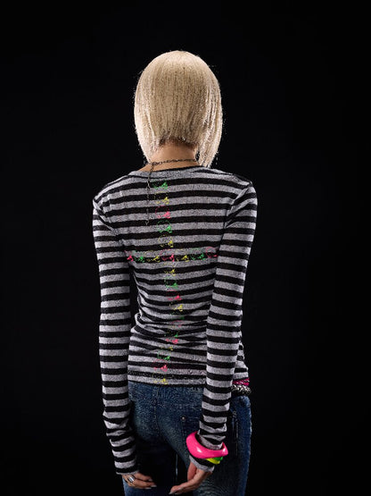 Skull Print Striped Long-Sleeve Shirt【s0000018511】