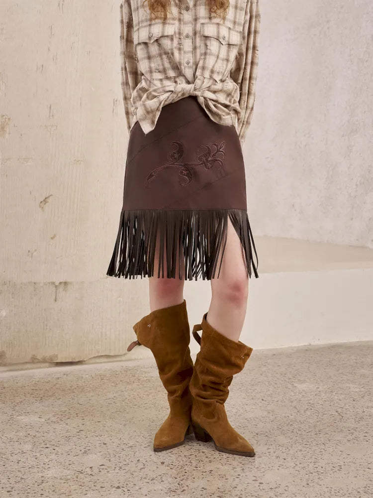 Embroidery Fringe Short Leather Skirt【s0000014045】