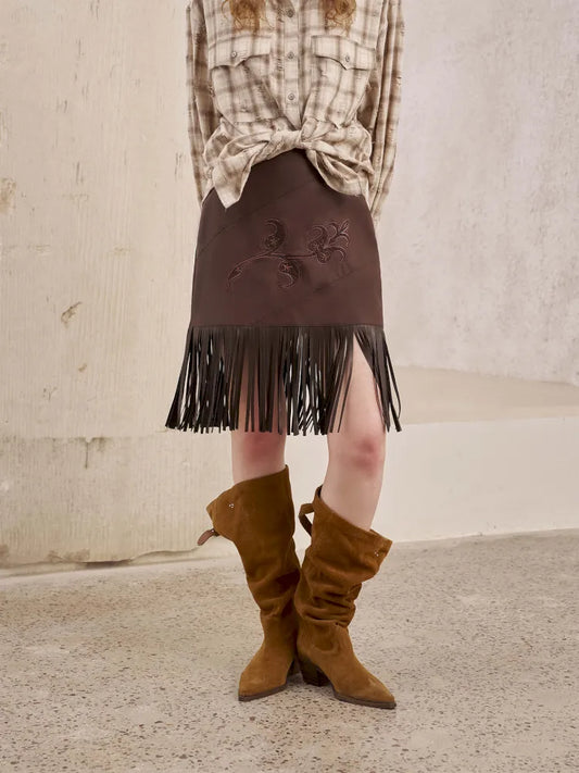 Embroidery Fringe Short Leather Skirt【s0000014045】