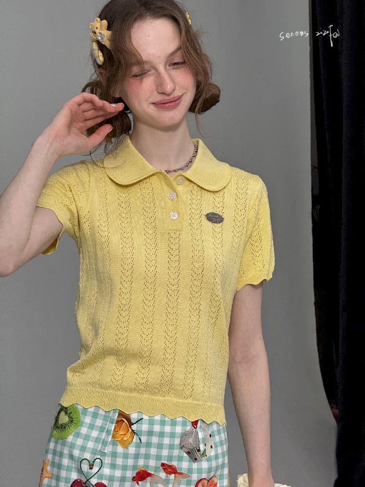 Doll Neck Knit Short Sleeve T-shirt【s0000012235】